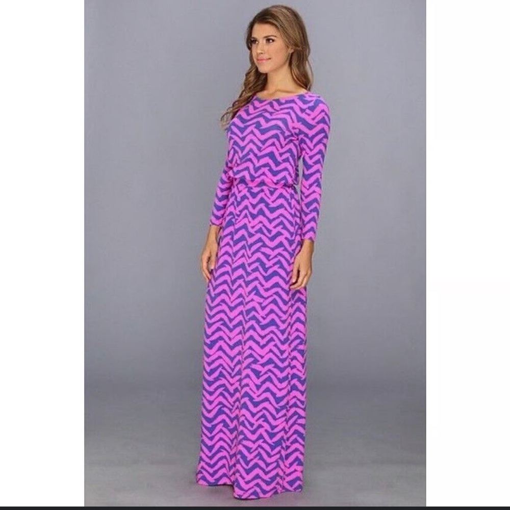 Lilly Pulitzer Pink and Purple Long Sleeve Maxi Dress coastal vacation tropical